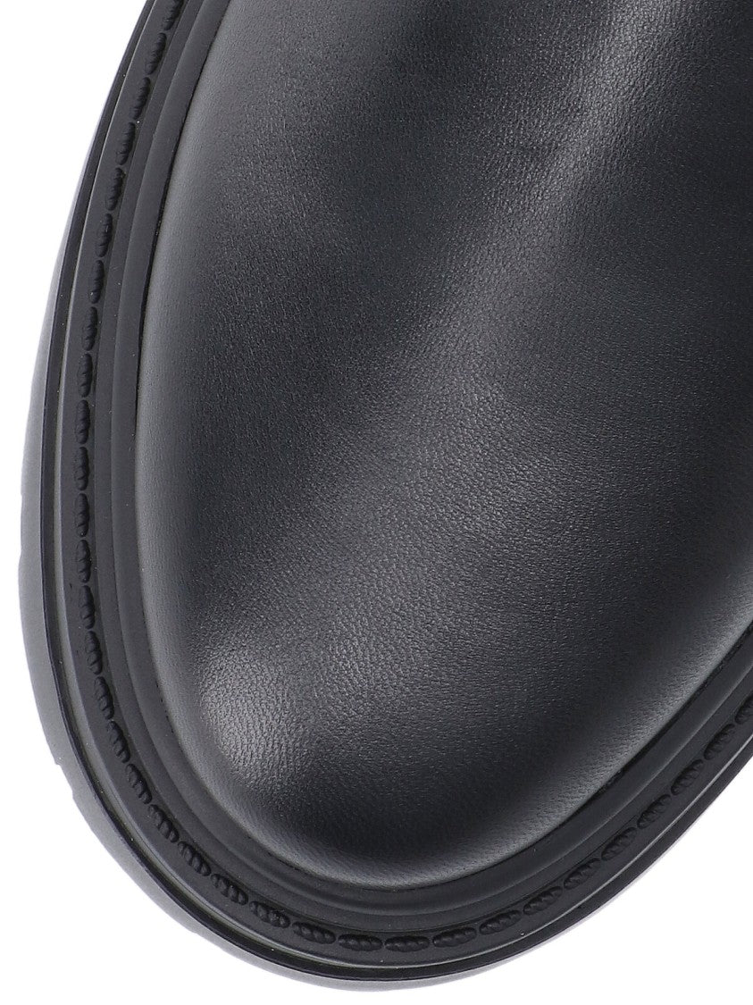 Pinko Rounded Toe Black Leather Ankle Boots With Front Strap