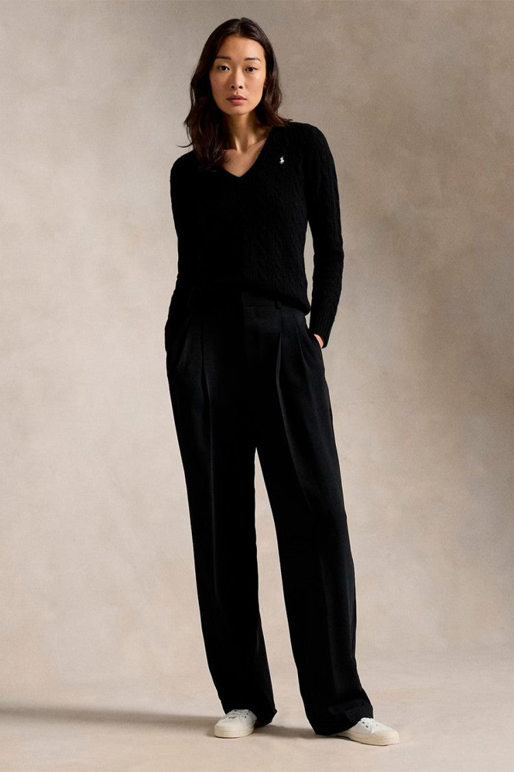 Polo Ralph Lauren Black Wool-Cashmere Blend V-Neck Cable-Knit Sweater