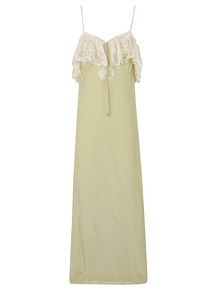 Chloé Silk Midi Dress With Ruffled Lace Trim And Spaghetti Straps