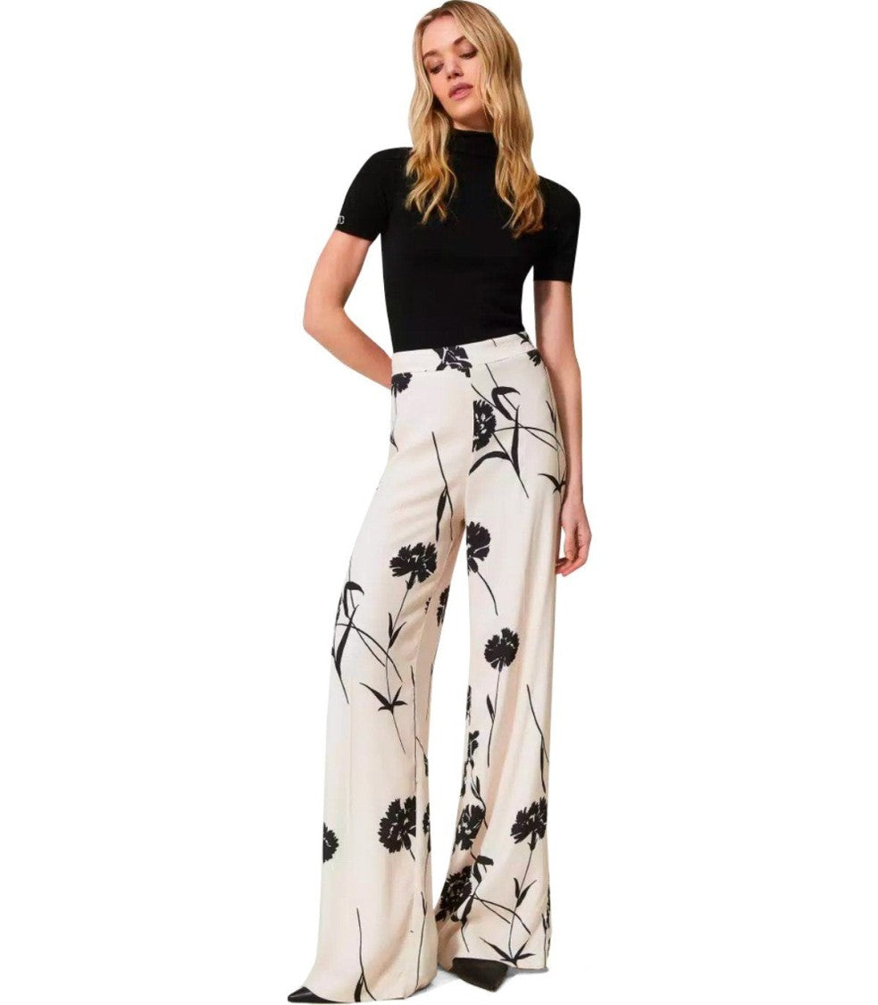 Twin-Set Cream Floral Wide Leg Pants
