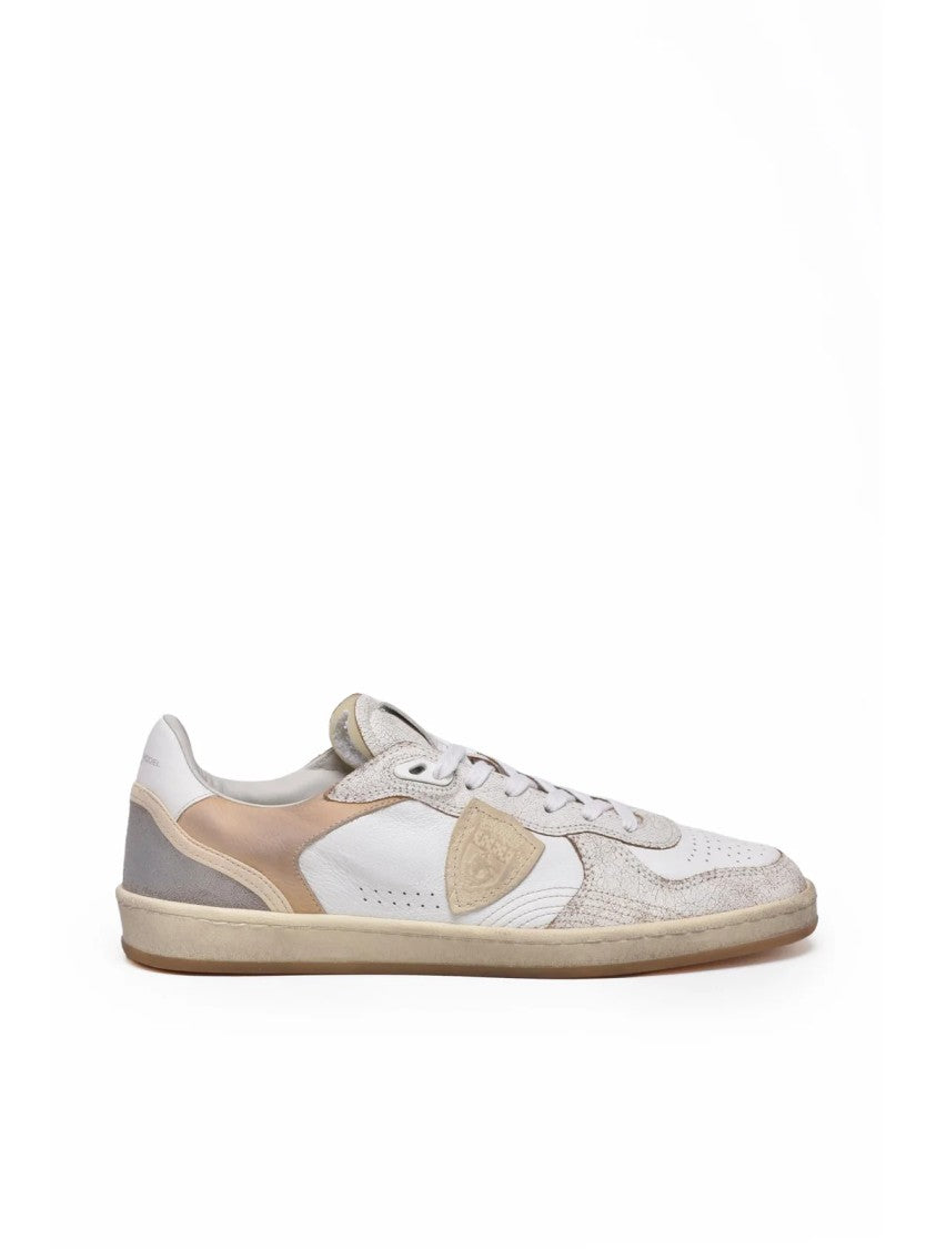 Philippe Model White/Beige Veau Cracklé Textured Leather Low-Top Sneakers