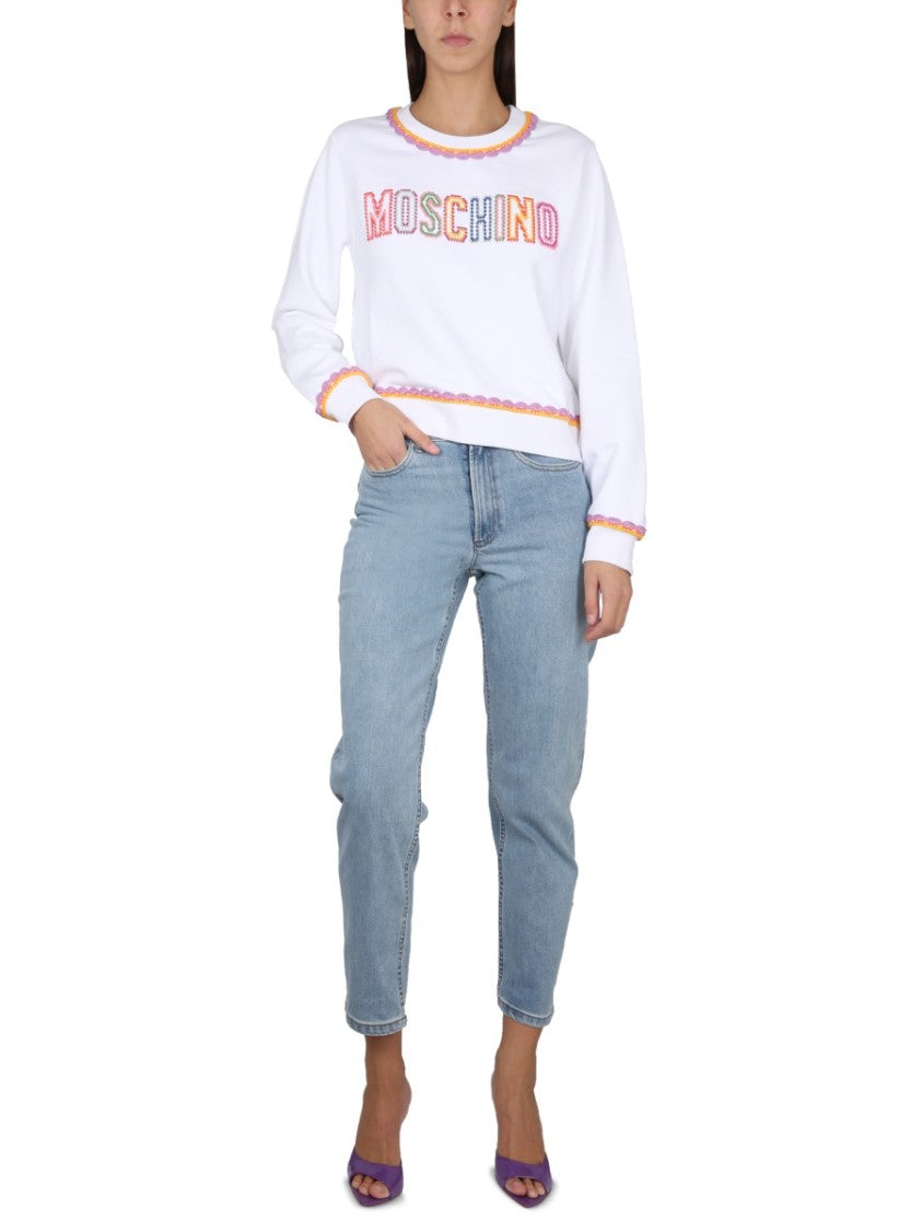 Moschino Crewneck Sweatshirt With Embroidered Logo And Scalloped Trim