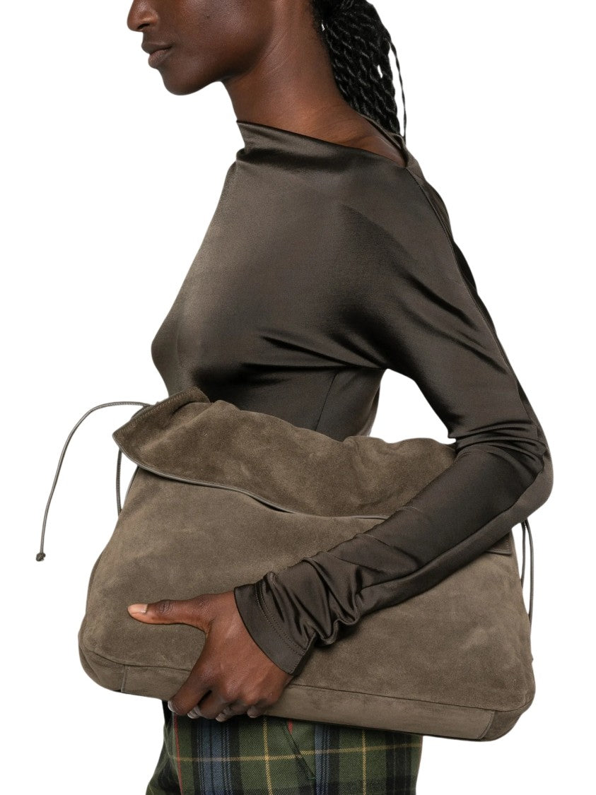 Coccinelle Suede Leather Drawstring Shoulder Bag With Gold-Tone Accents