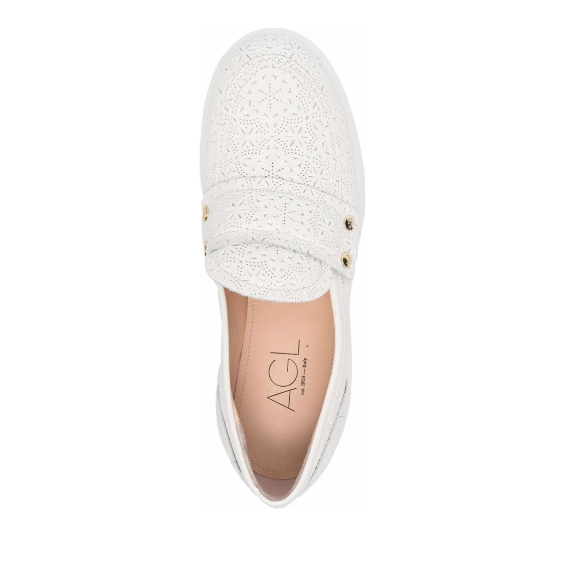 Agl White Puffy Moc Leather Perforated Wedge Flats