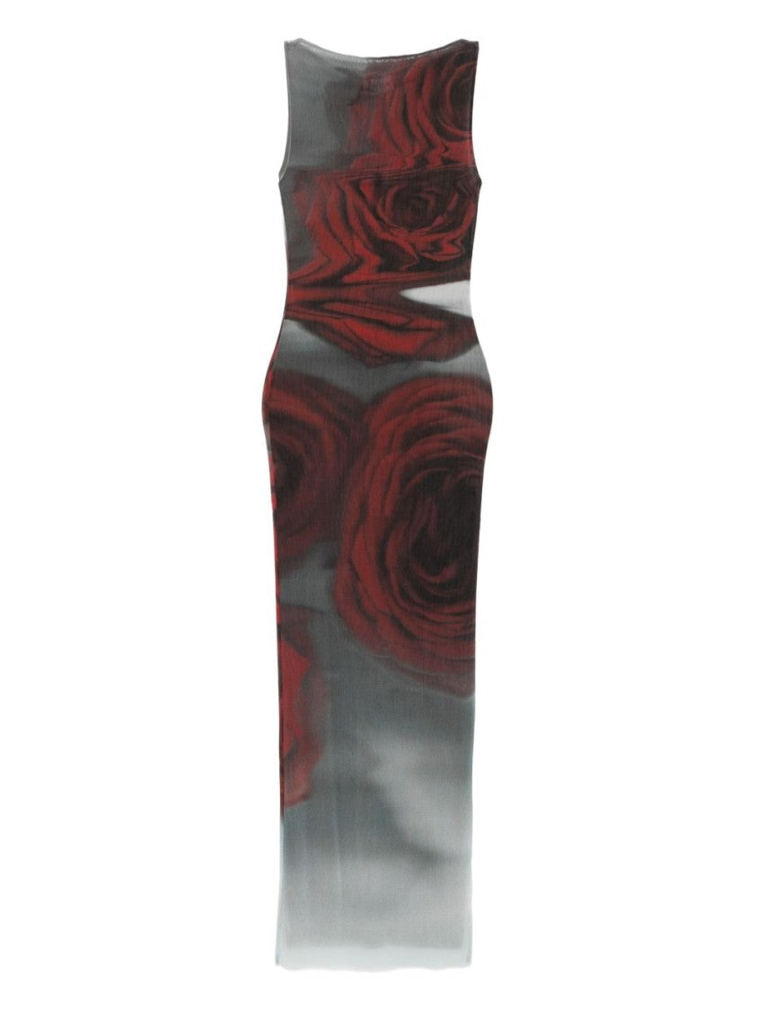 Jean Paul Gaultier Dark Red Roses Print Boat Neck Dress