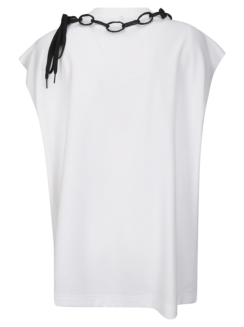 Jejia Oversized White Cotton T-Shirt With Raw-Cut Sleeves And Black Bead Insert
