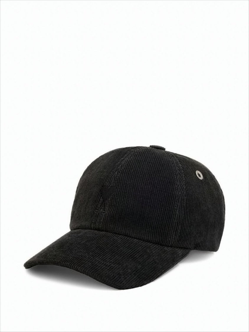Ami Black Corduroy Baseball Cap With Embroidered Heart Detail