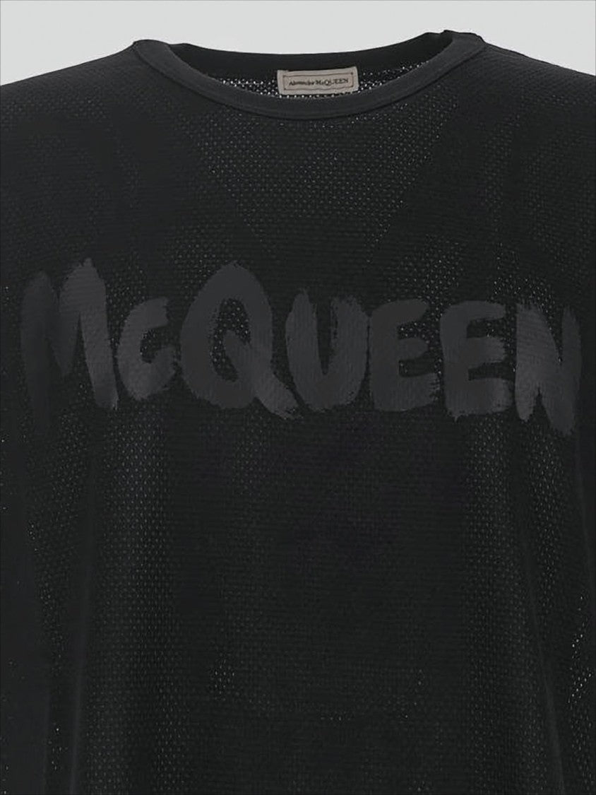 Alexander Mcqueen Black Mesh T-Shirt With Tonal Text Graphic