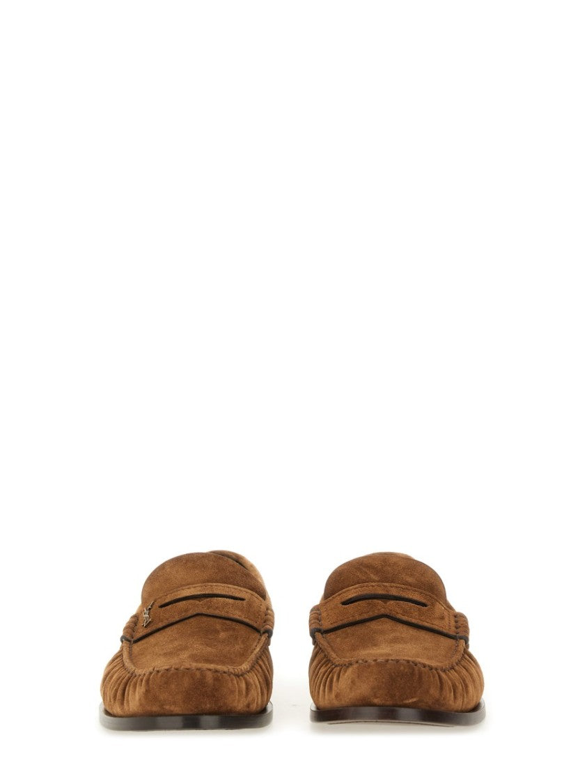 Saint Laurent Penny Loafers In Soft Calf Suede With Metallic Logo