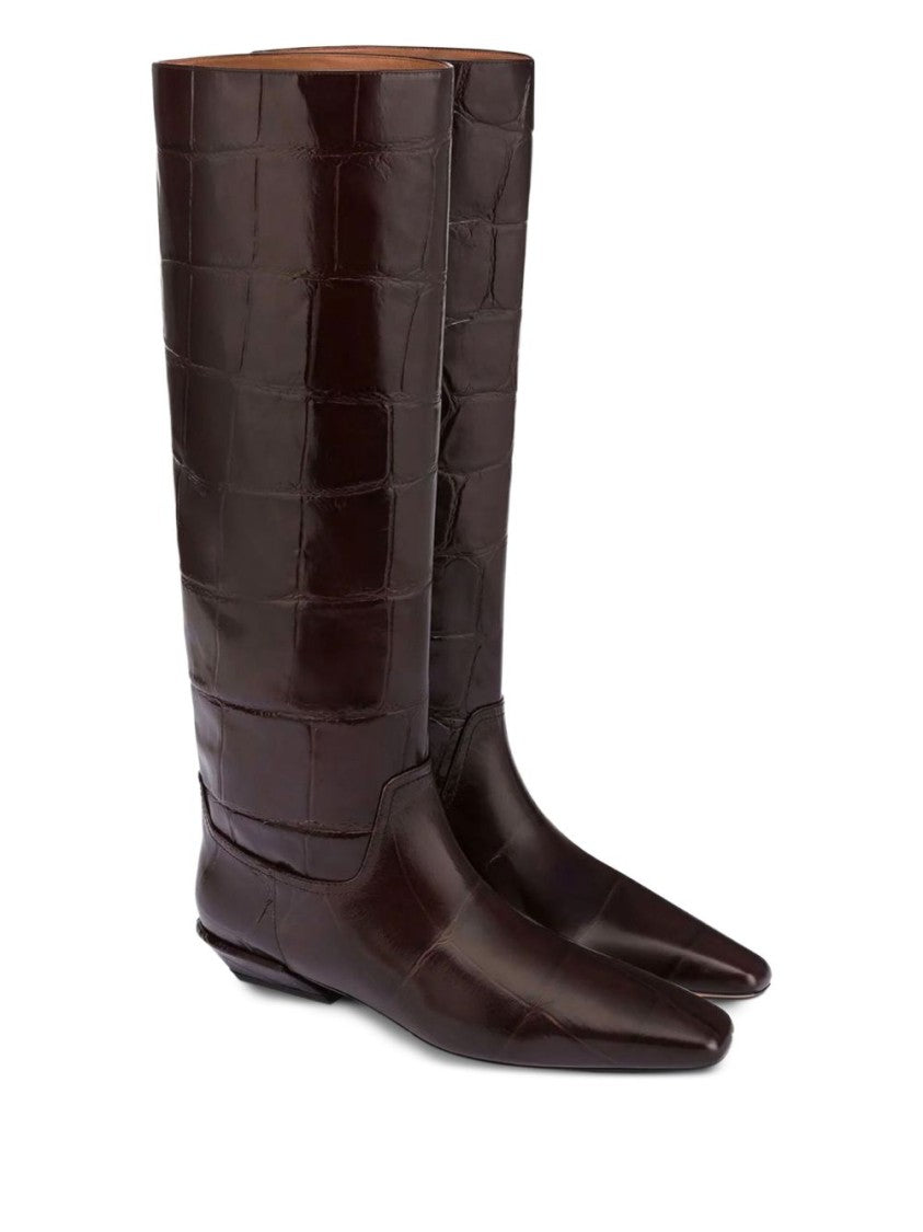 Paris Texas Crocodile-Embossed Brown Calf Leather Ankle Boots