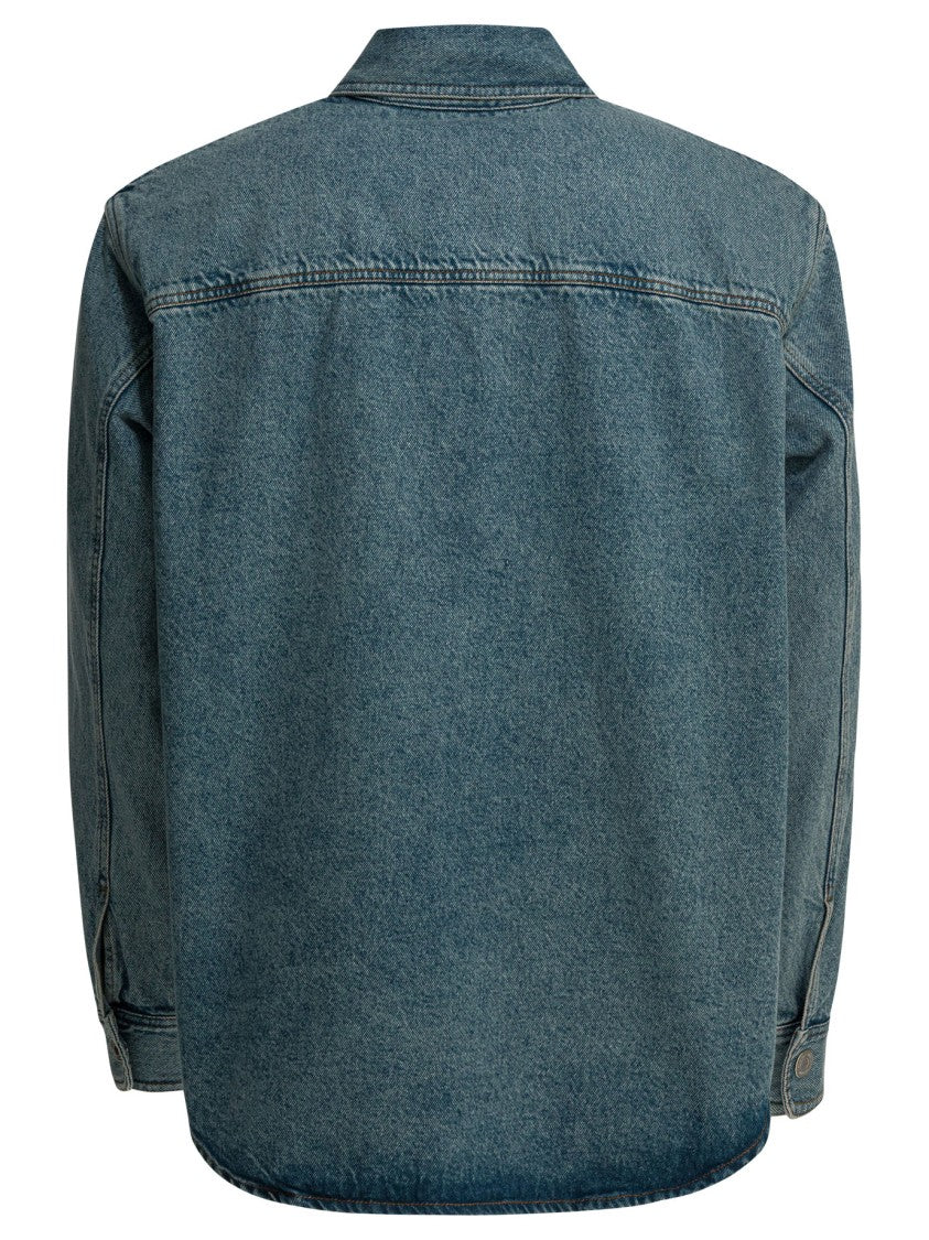 Ami Paris Button-Down Denim Shirt With Textured Finish And Embroidered Patch