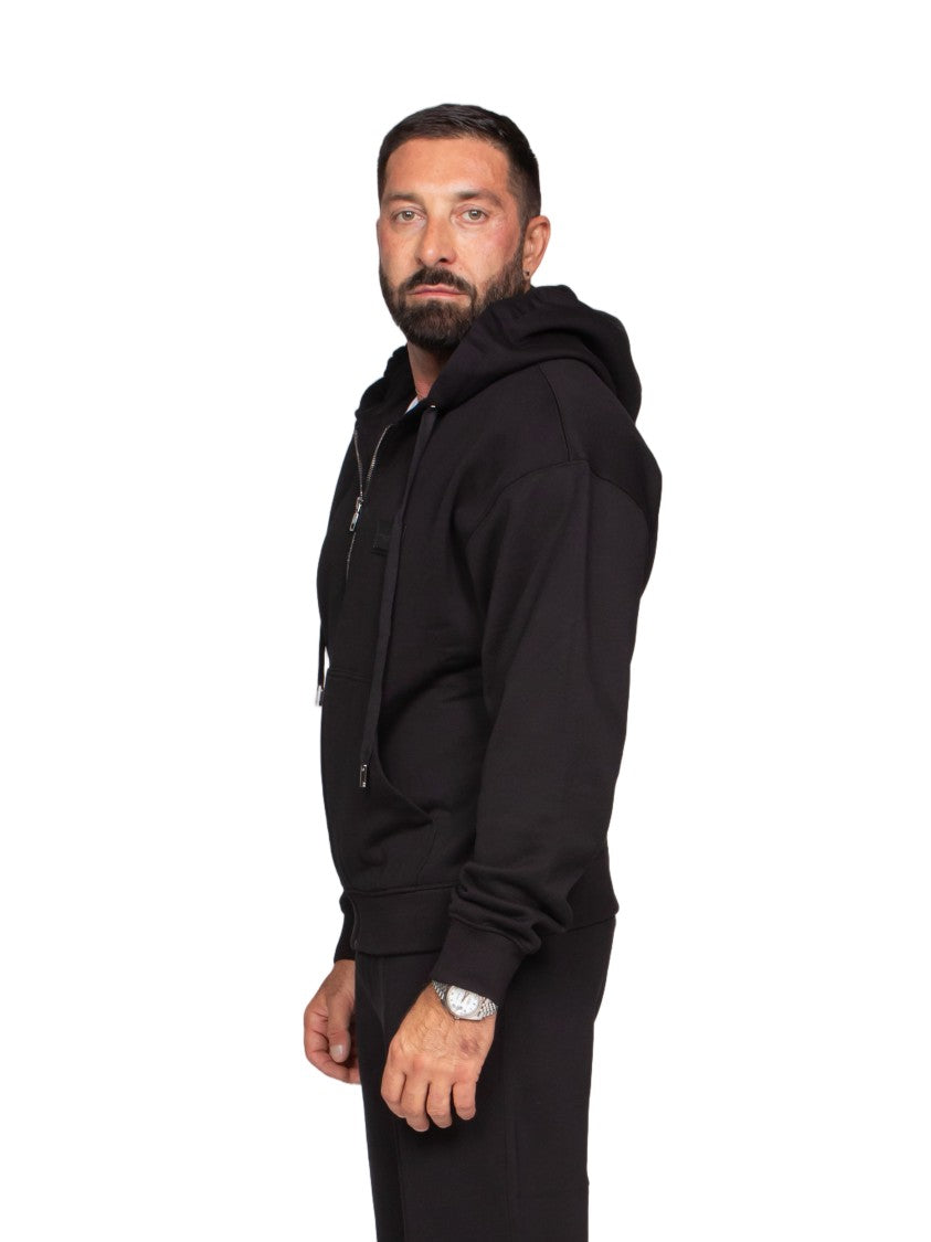 Dolce & Gabbana Black Zip-Up Hoodie With Drawstring Hood And Ribbed Details