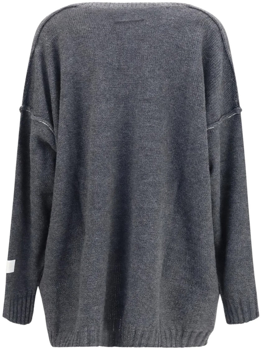 Mm6 By Maison Margiela Textured Grey V-Neck Sweater With Relaxed Fit