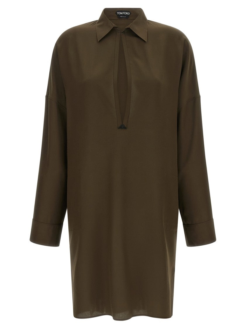 Tom Ford Crêpe De Chine Silk Midi Dress With Leather Accents And Asymmetrical Hem