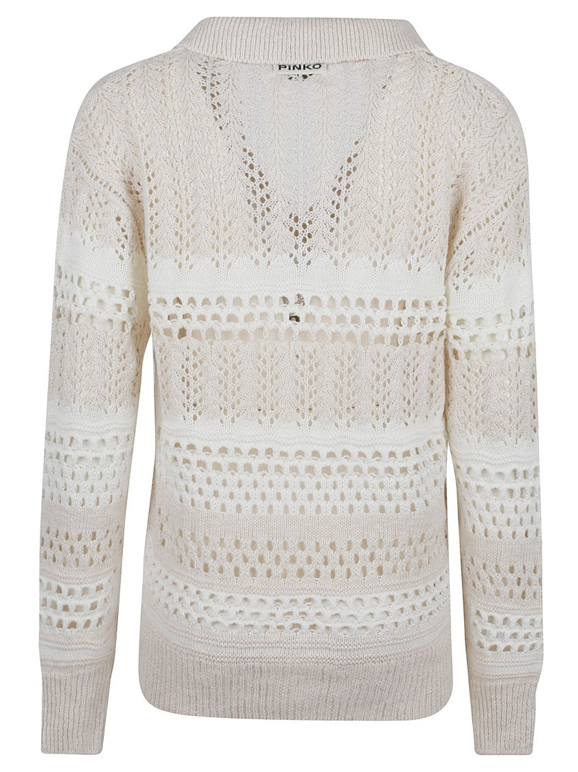 Pinko V-Neck White Sweater With Intricate Knit Patterns