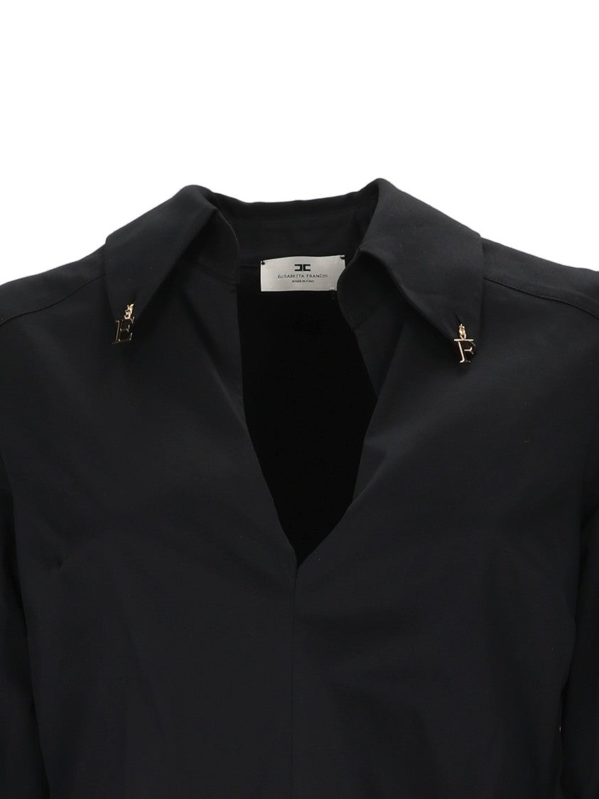 Elisabetta Franchi Black Shirt With Deep V-Neckline And Metallic Embellishments