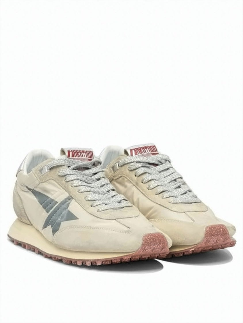 Golden Goose Beige & Grey Textured Sneakers With Silver Accents