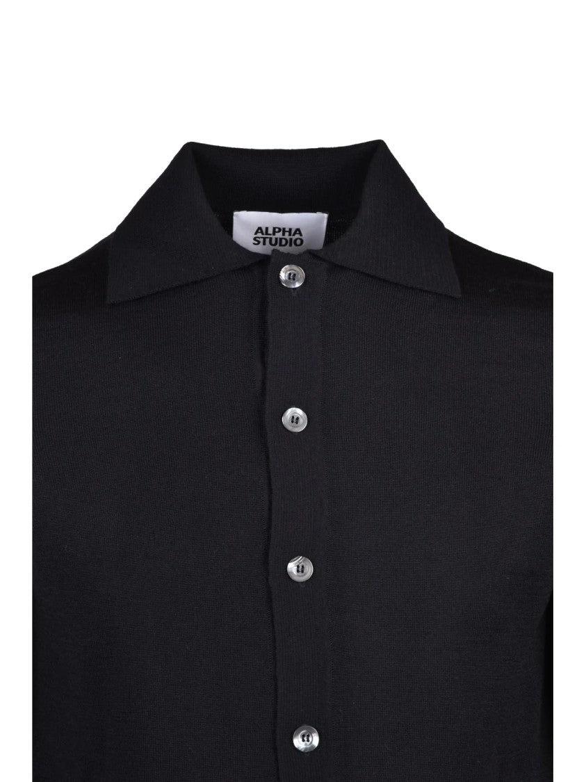 Alpha Studio Black Button-Down Extrafine Merino Wool Shirt