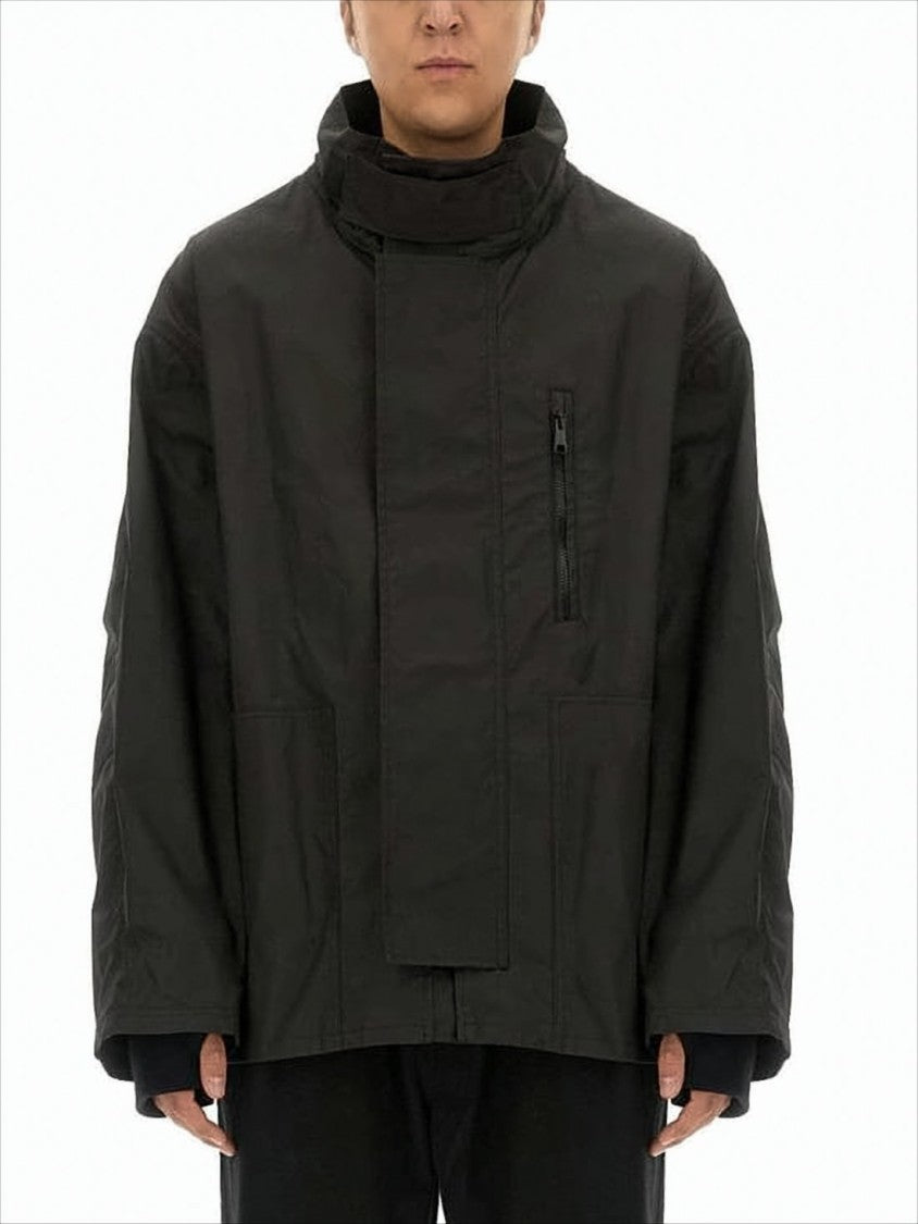 Margaret Howell Boxy Oversized Black Jacket With High Collar And Concealed Closure