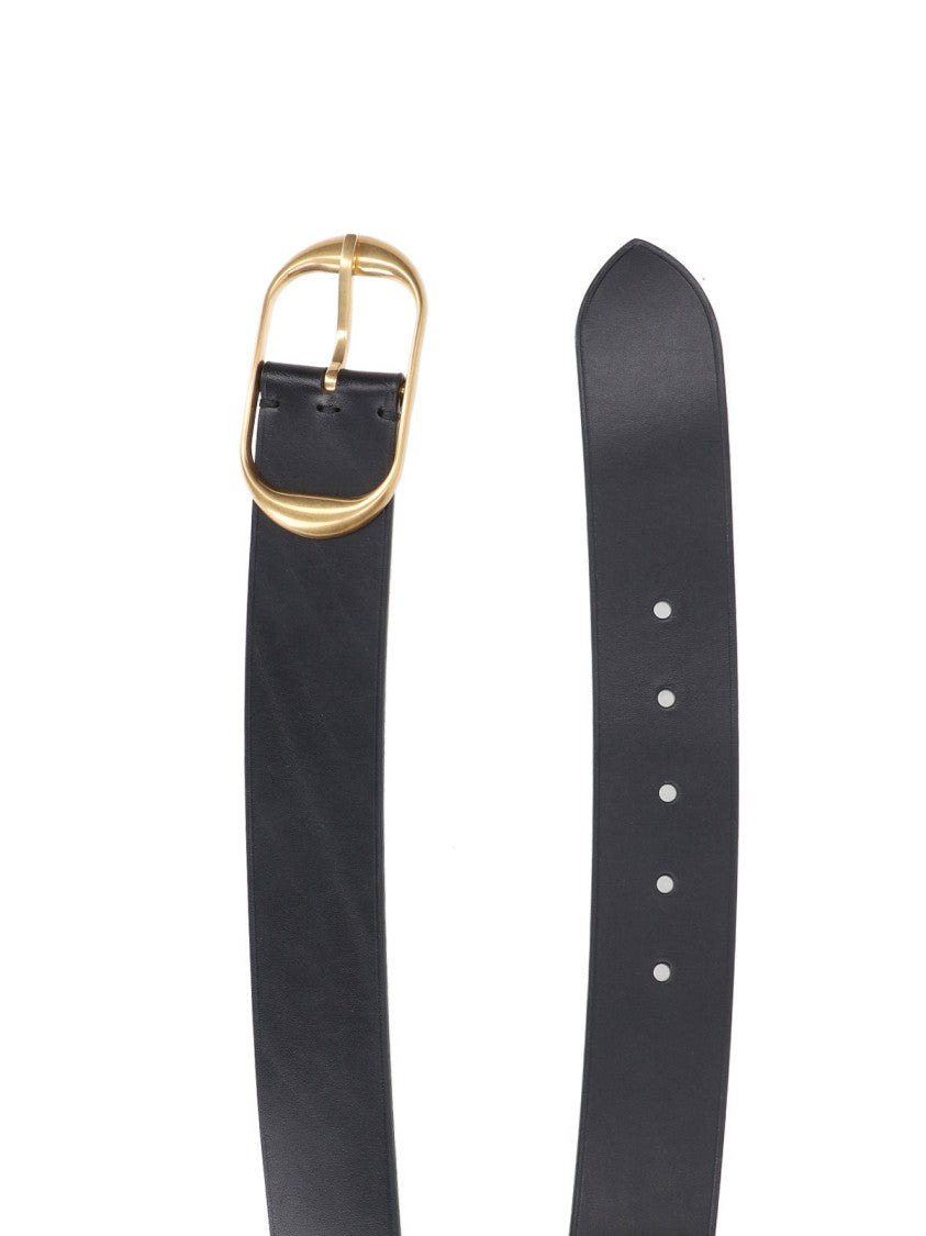 Nili Lotan Wide Strap Black Belt With Oval Gold Buckle