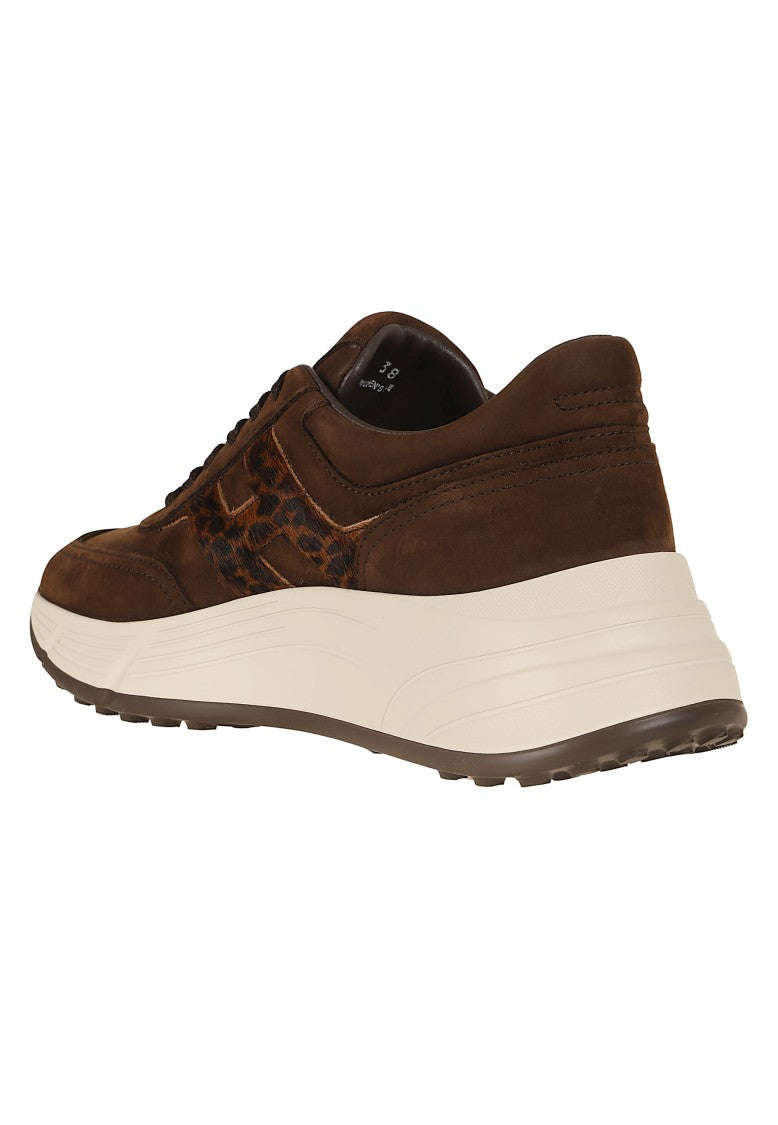 Hogan Brown Suede Leopard-Print Pony Skin Hi-Fi Sneakers