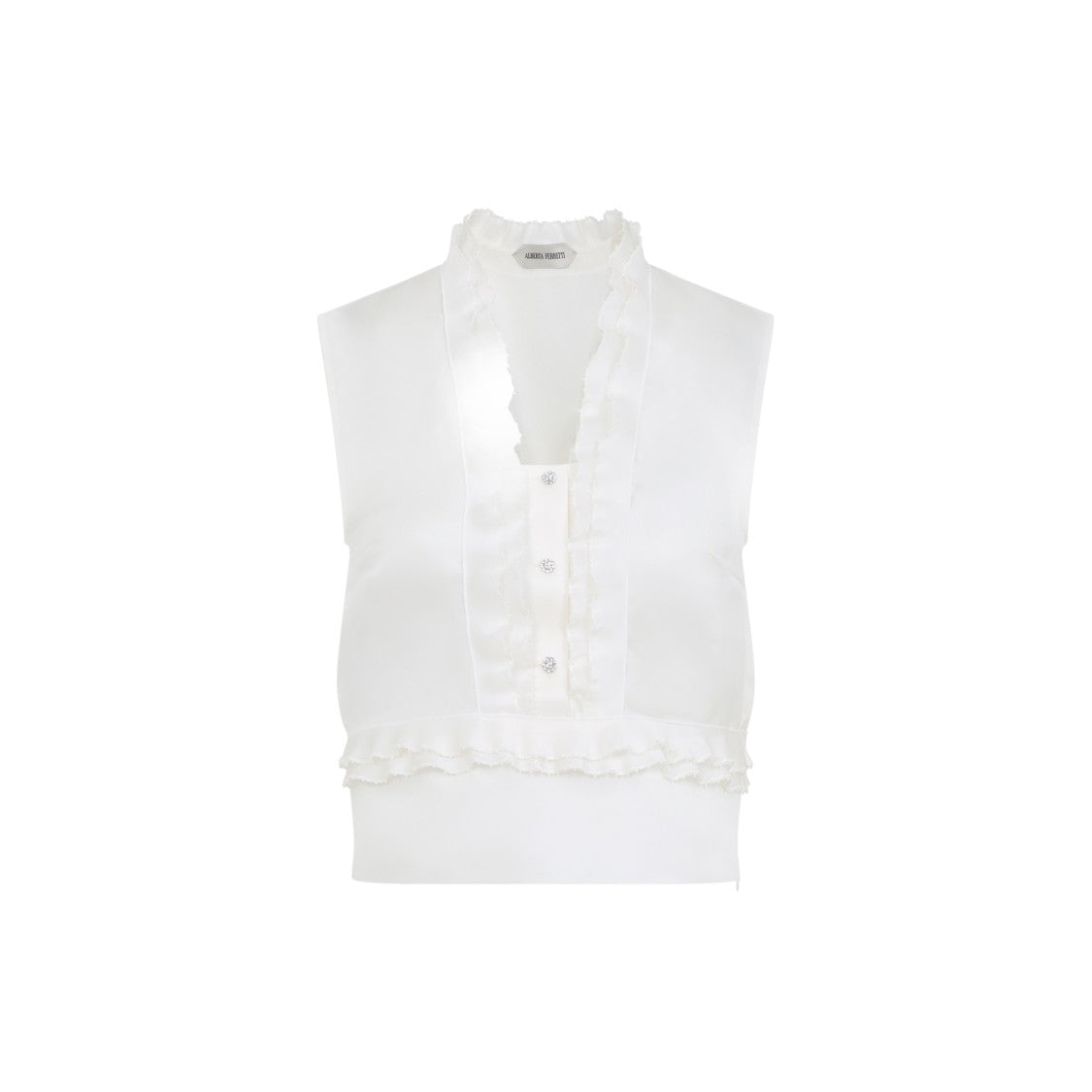 Alberta Ferretti Sleeveless Silk Top With Ruffled V-Neckline And Button Detail