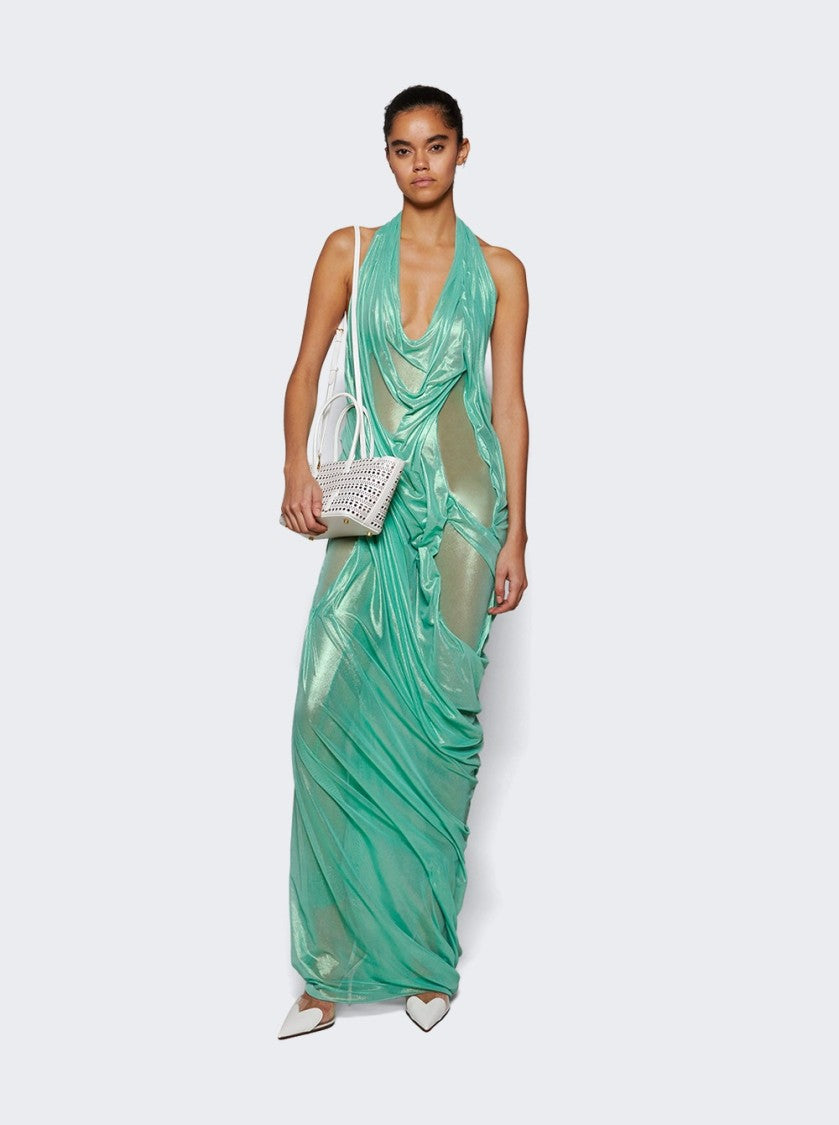 Di Petsa Siren Wetlook Halter Neck Long Dress Metallic Mint Green