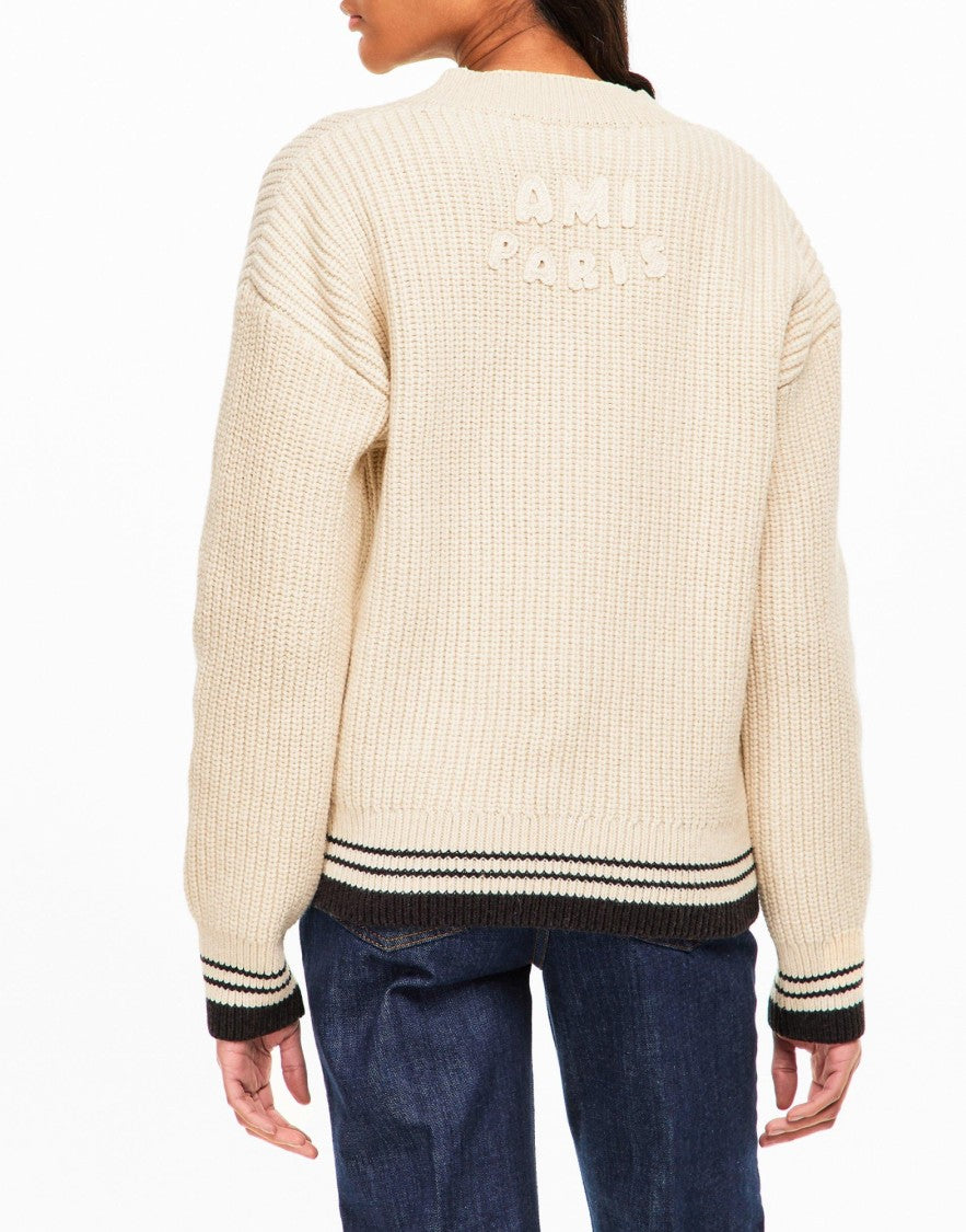 Ami Paris Ribbed V-Neck Knit Sweater With Logo Detailing
