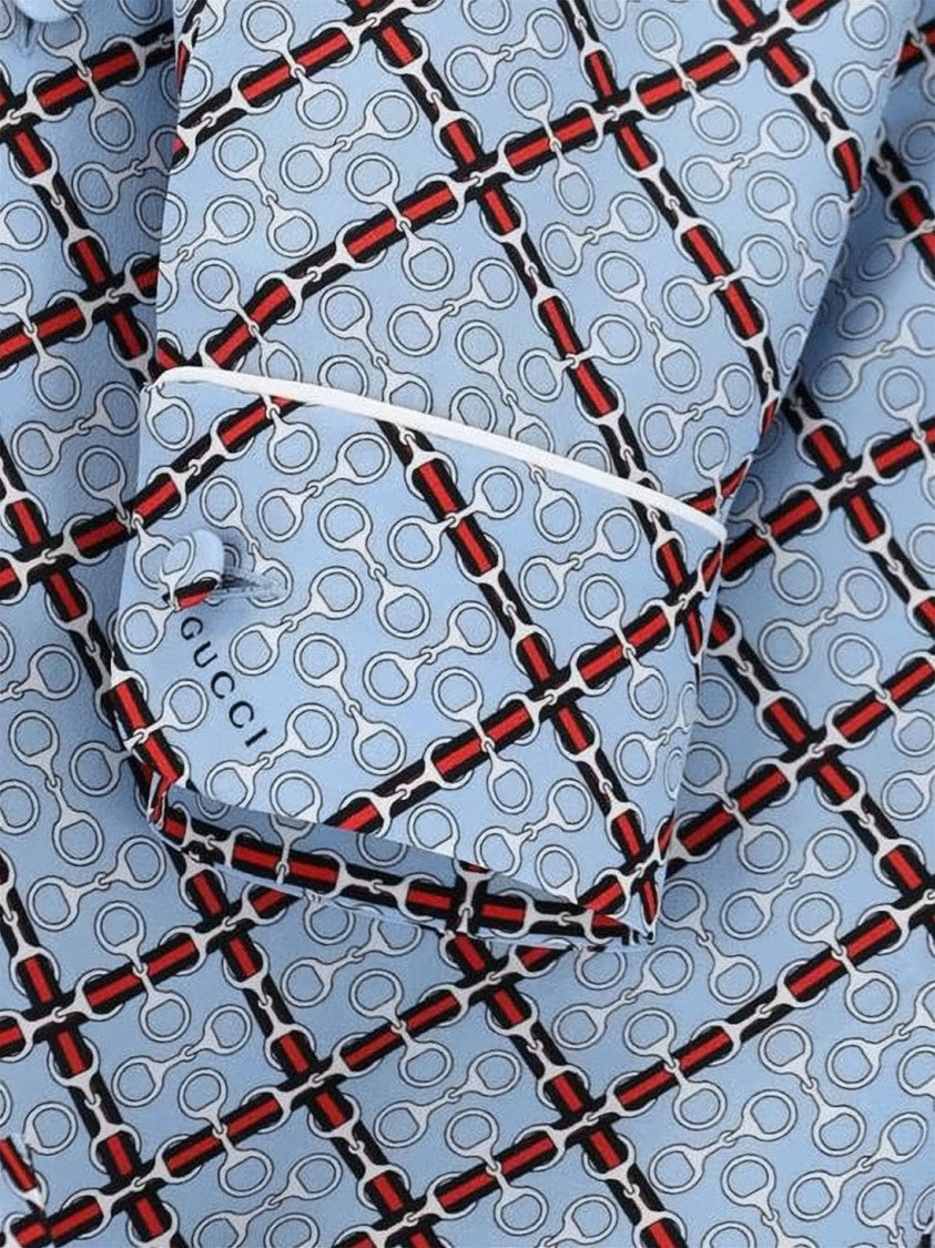 Gucci Light Blue Geometric Silk Blouse With Classic Collar