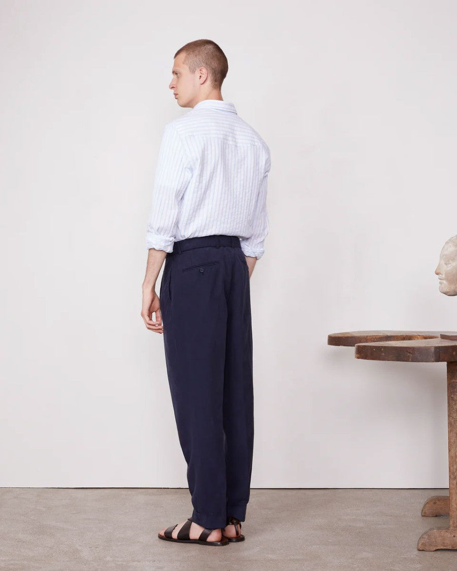 Officine Generale Tapered Blue Pants With Pleated Front