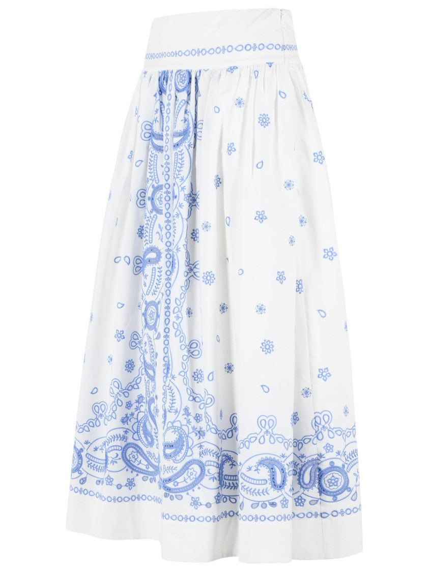 Self-Portrait Embroidered Midi Skirt In White And Blue Cotton