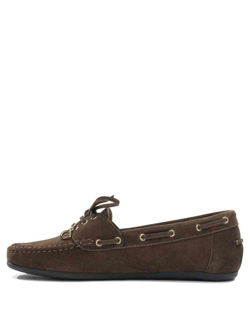 Ferragamo Brown Suede Loafers With Moccasin Toe And Lace-Up Bow