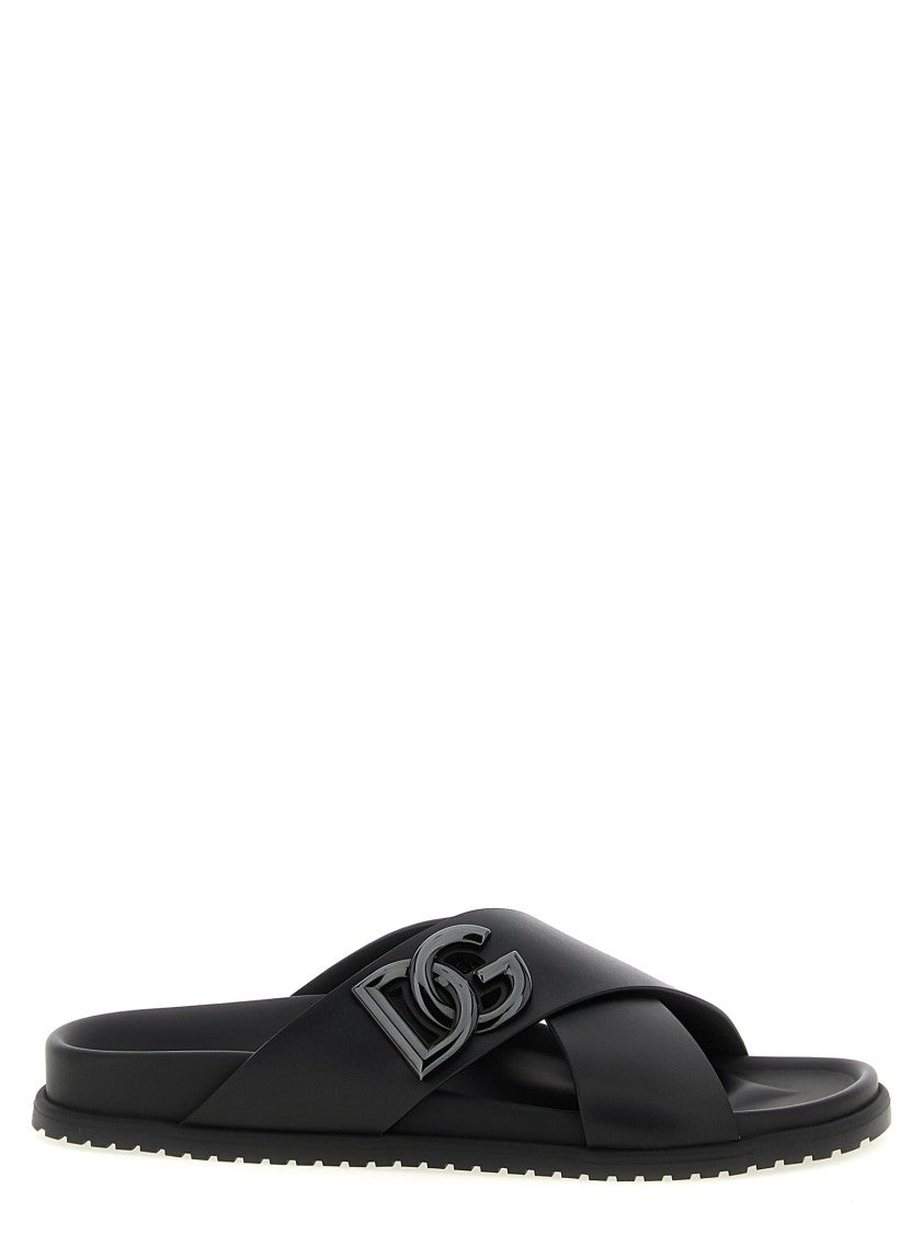 Dolce & Gabbana Calfskin Leather Slides With Cut-Out Metal Logo