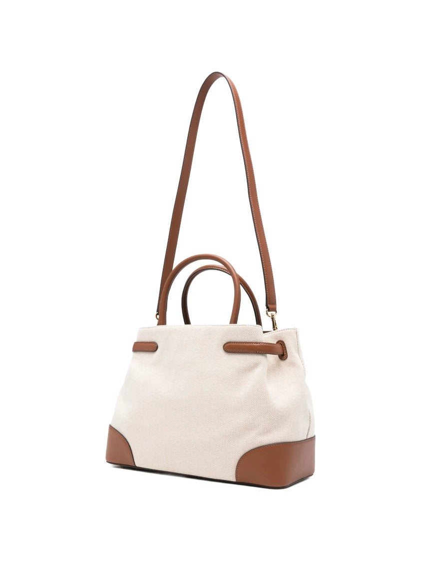 Lauren Ralph Lauren Structured Beige Canvas Handbag With Brown Leather Accents