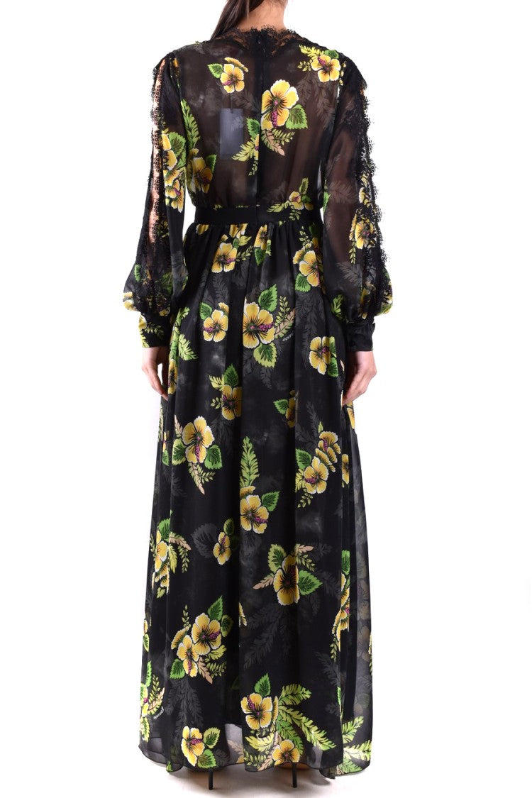 Ermanno Maxi Dress With Floral Print And Sheer Lace Details