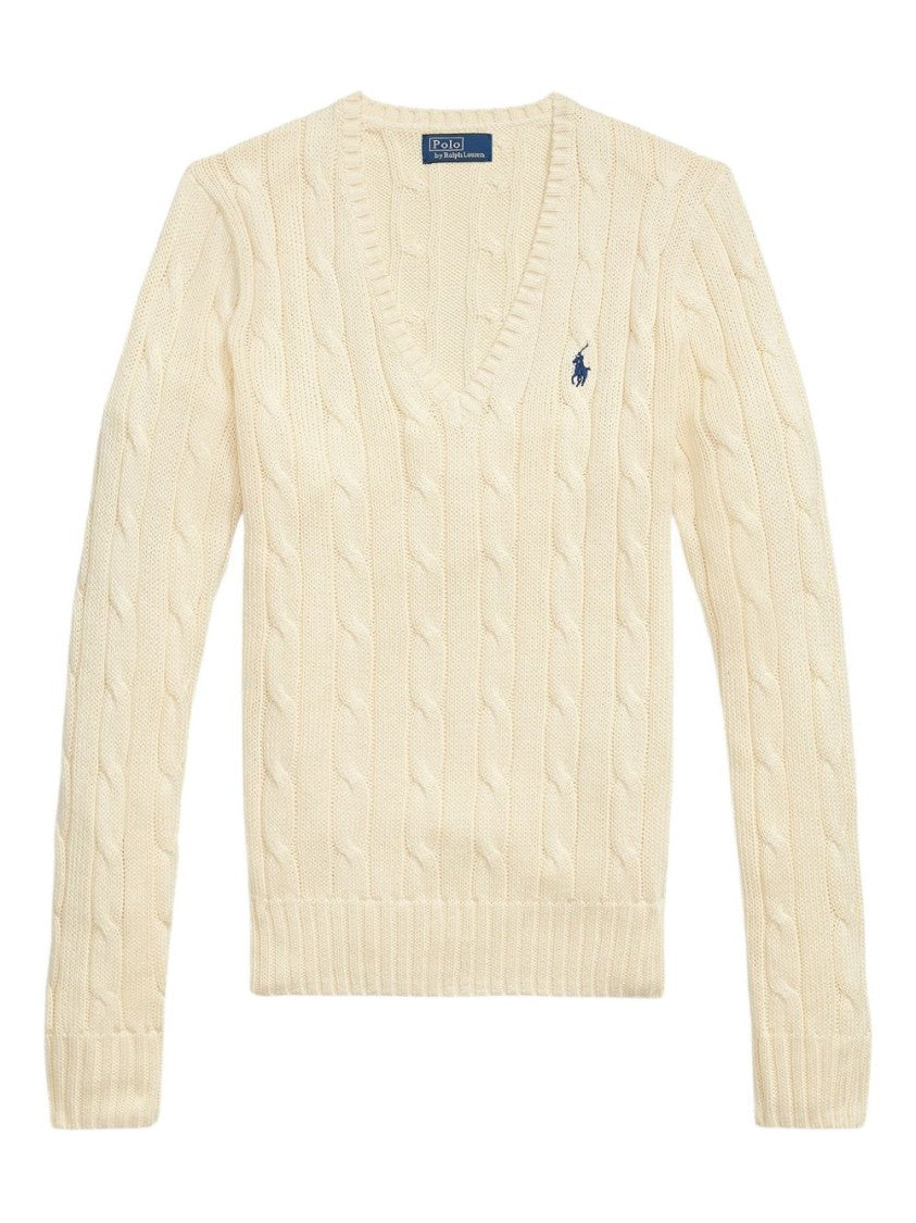 Polo Ralph Lauren Beige Cable-Knit Sweater With V-Neckline And Ribbed Details