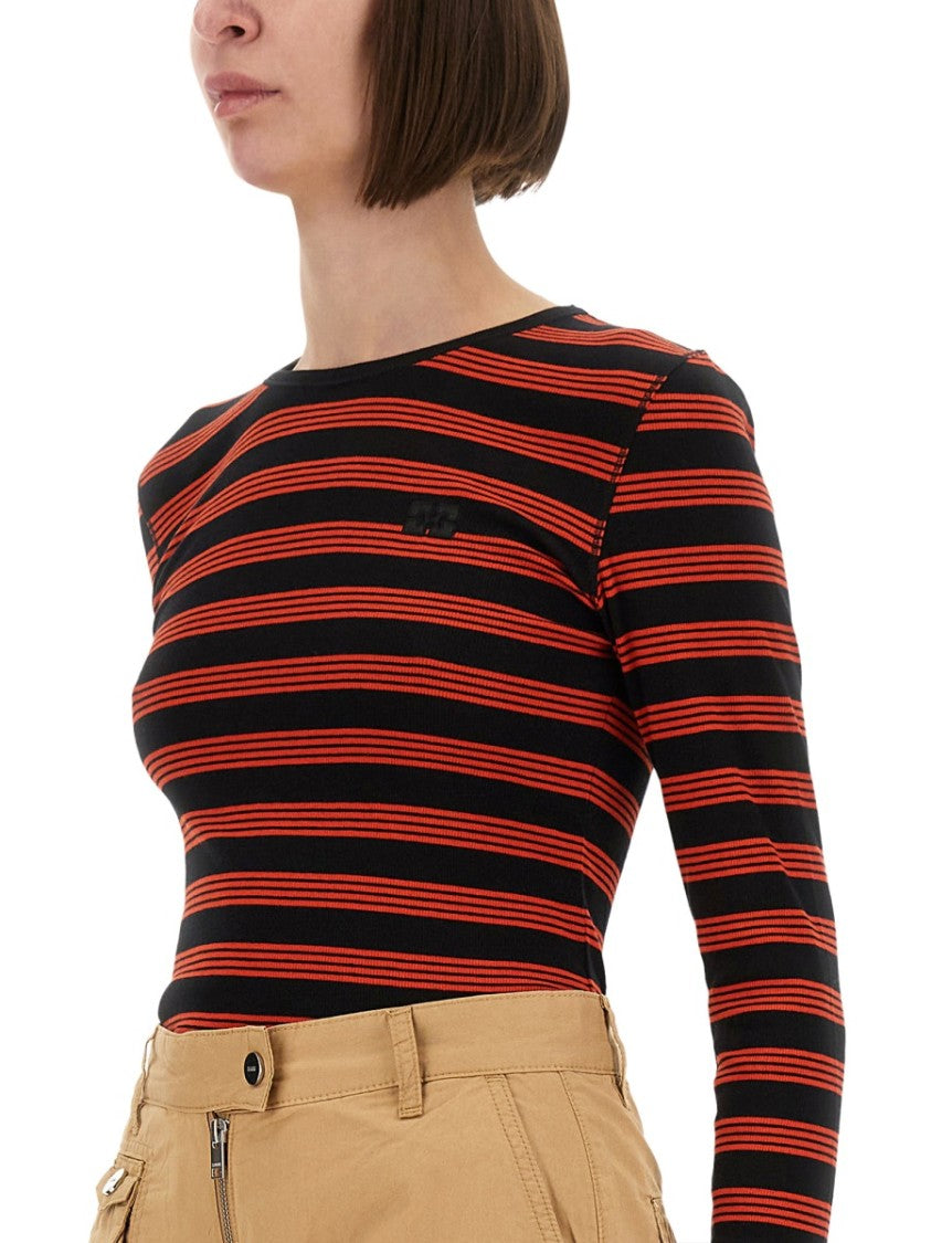Ganni Fitted Long-Sleeved T-Shirt With Bold Striped Pattern