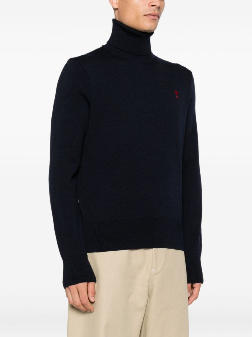 Ami Paris Ribbed High-Neck Turtleneck Sweater With Embroidered Logo