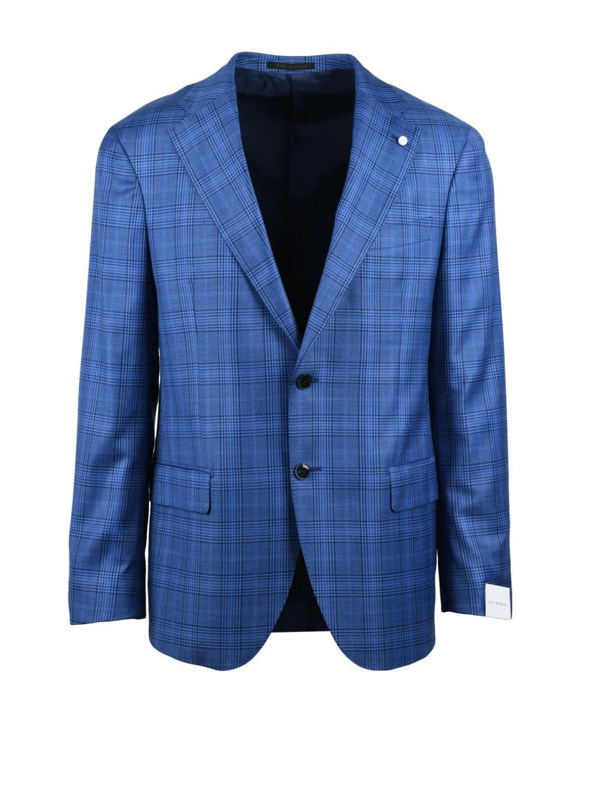 Luigi Bianchi Checkered Blue Virgin Wool Blazer With Notch Lapels