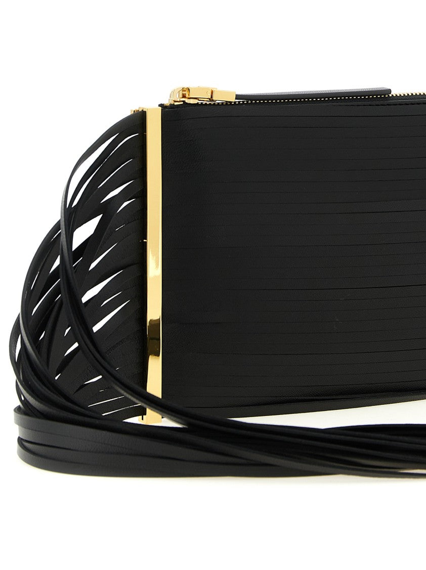 Elisabetta Franchi Fringed Black Leather Clutch With Gold-Tone Accents