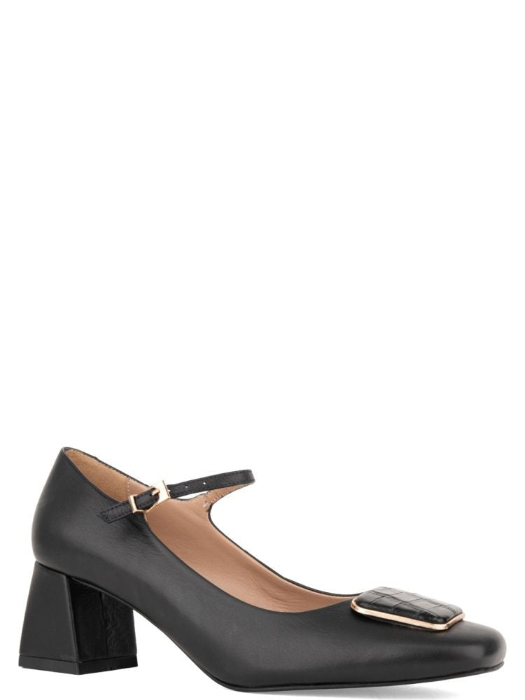 Sergio Moretti Black Closed-Toe Ankle Strap Leather Low-Heel Pumps