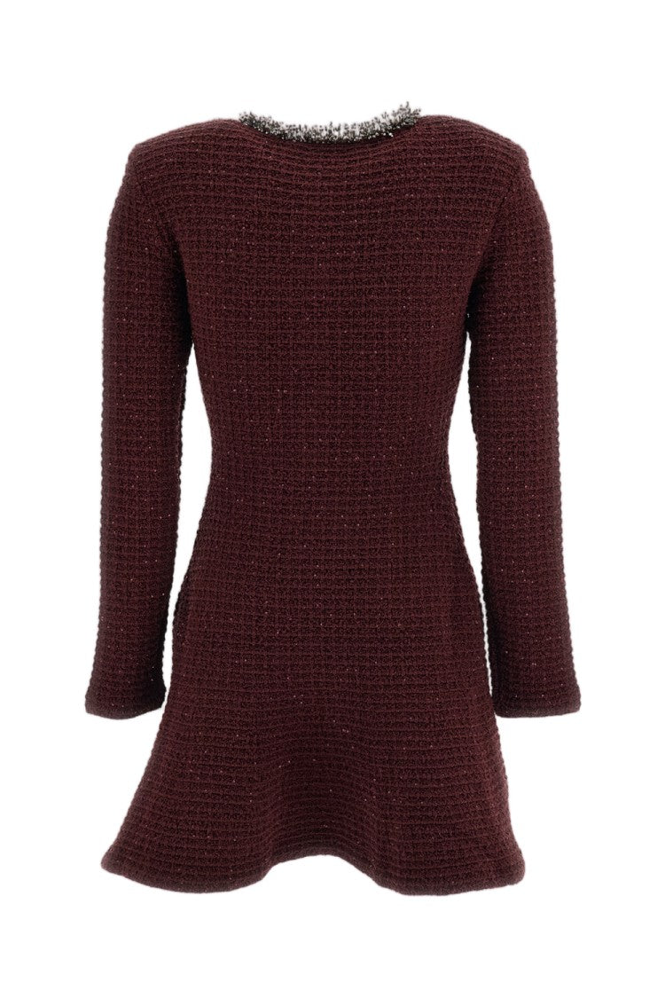 Self-Portrait Burgundy Beaded Textured Waffle-Knit Mini Dress