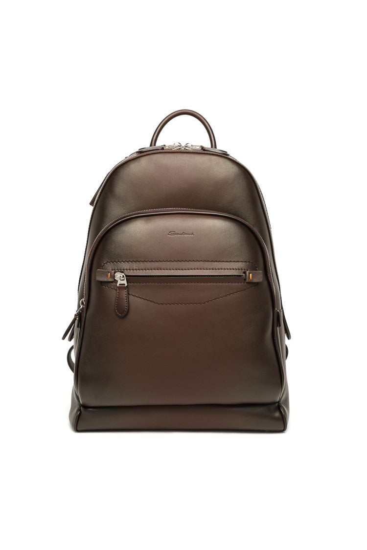 Santoni Artisanal Brown Leather Backpack With Dual Compartments