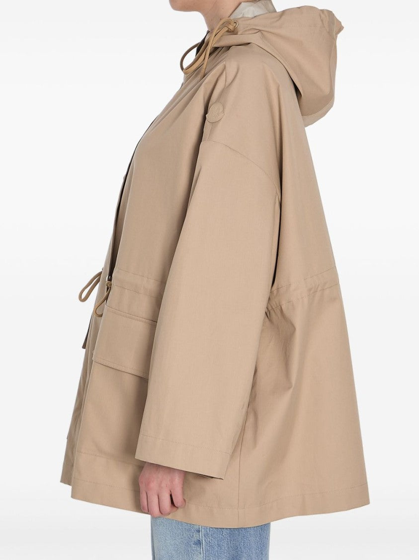 Moncler Relaxed Fit Beige Coat With Hood And Drawstring Details