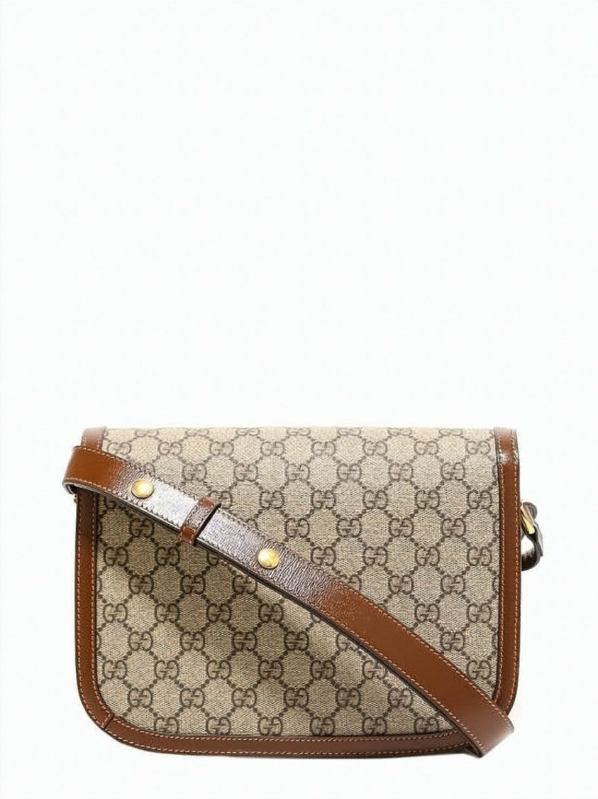 Gucci Structured Beige Canvas Horsebit Shoulder Bag With Leather Trimming