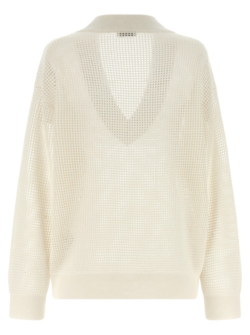 Brunello Cucinelli Net Mesh Cashmere Sweater With V-Neck And Banded Hem