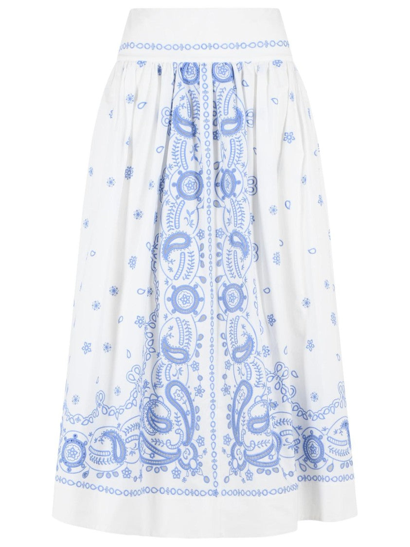 Self-Portrait Embroidered Midi Skirt In White And Blue Cotton