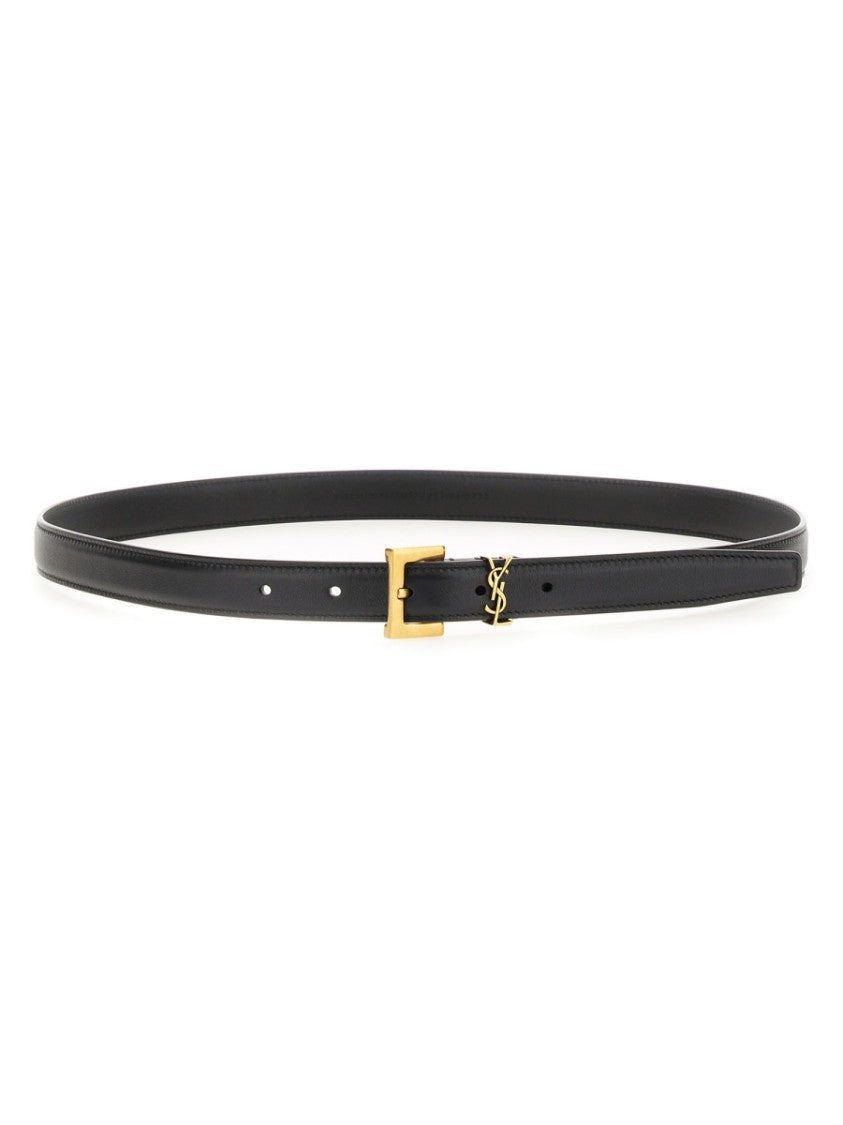 Saint Laurent Slim Black Calfskin Belt With Polished Gold-Tone Buckle