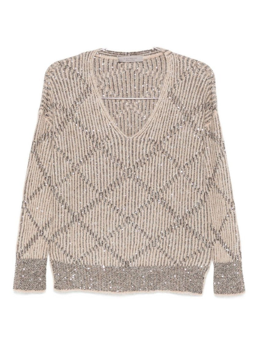 D. Exterior Relaxed Fit Beige Knit Sweater With Round Neckline