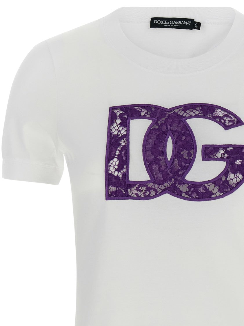 Dolce & Gabbana Cotton Crewneck T-Shirt With Openwork Lace Logo Insert